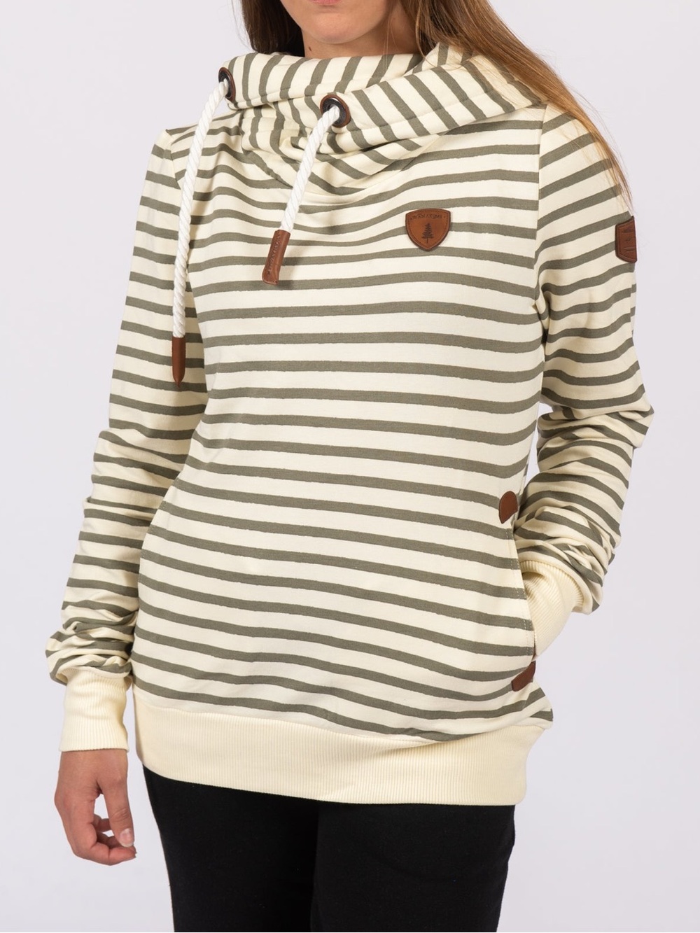 Wanakome Women's Clux Hoodie in Oatmeal & Vetiver Stripe XL Logo Patches Casual